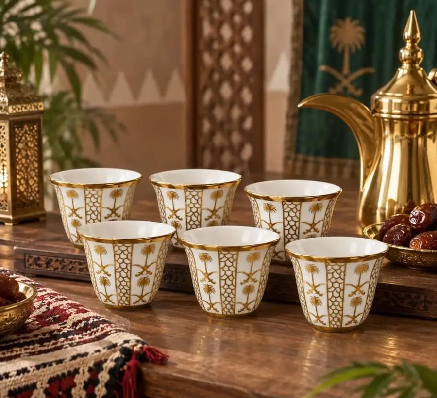 طقم 12 فنجان قهوة سعودية سيفين ونخلة ذهبي - 49497