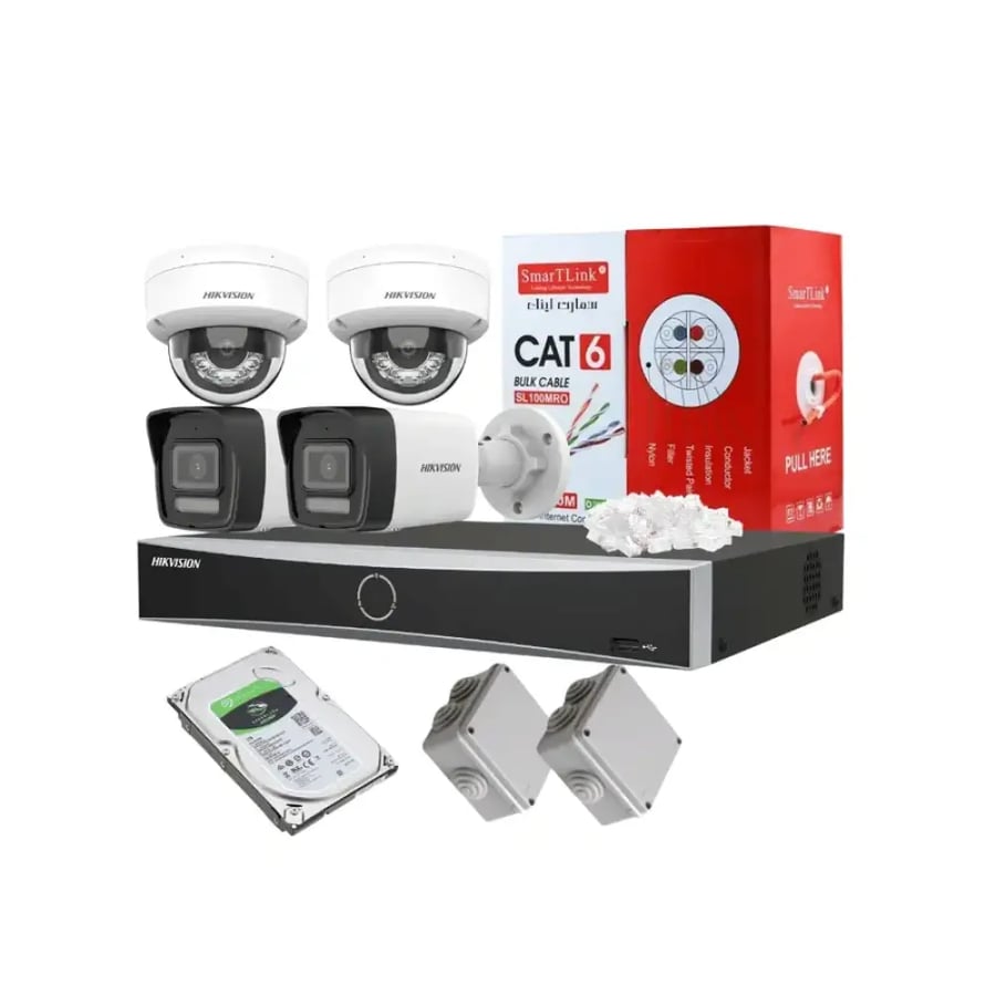 طقم كاميرات مراقبة HIKVISION بدقة 8 ميجابكسل – 4 كاميرات IP + جهاز تسجيل NVR بـ4 قنوات PoE + قرص صلب 1 تيرابايت + كابل Cat6
