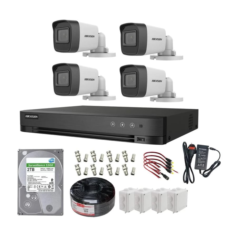 نظام مراقبة كامل هيكفيجن 4 كاميرات 2 ميجابكسل مع DVR، هارديسك 2 TB، كابل 100 م وملحقات التركيب