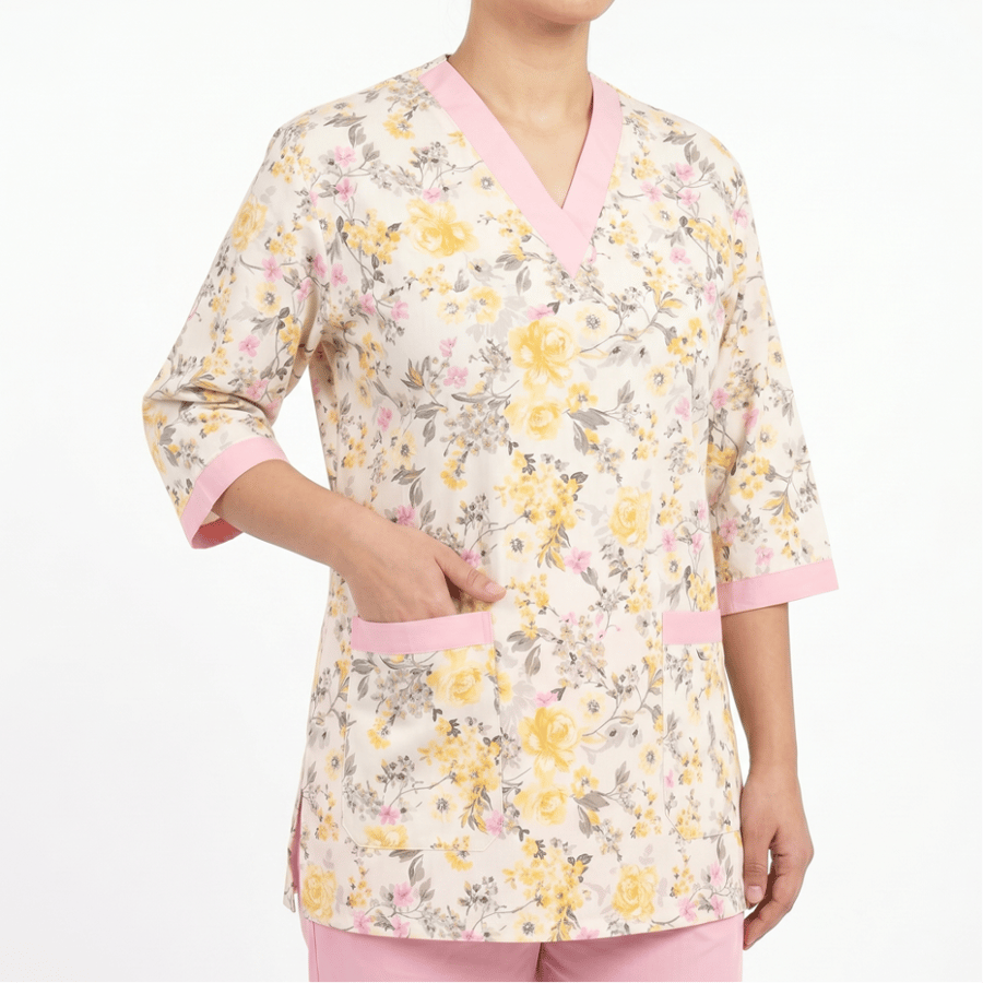 يونيفورم عاملات طويل Yellow Pink Flower