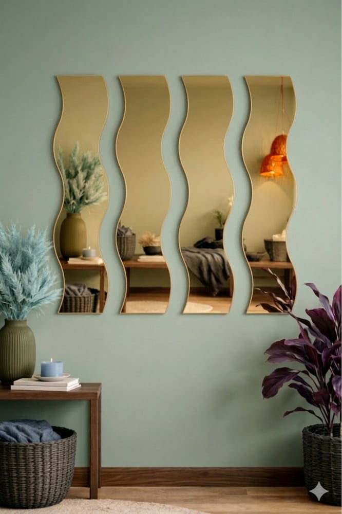 Gold Wavy Acrylic Mirror Wall Stickers – Set of 4 | 51 × 10 cm Frameless Wall Decor