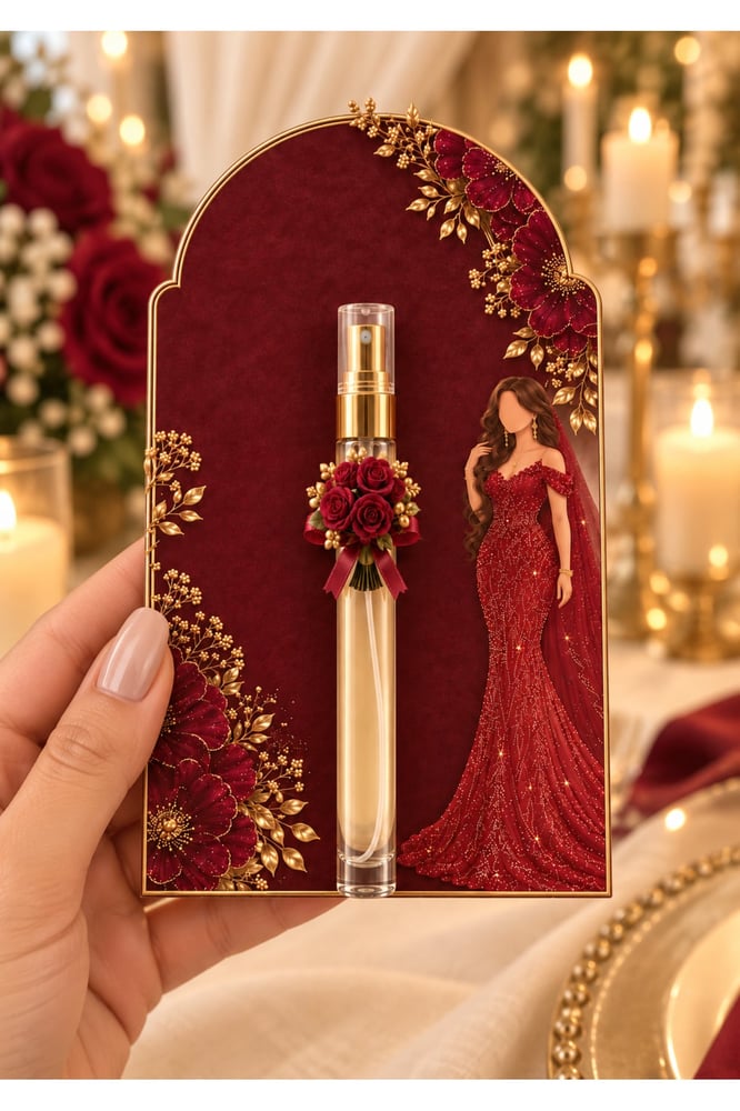 بطاقات توزيعات زفاف عنابية مع عبوات عطر – عبوة 6 قطع