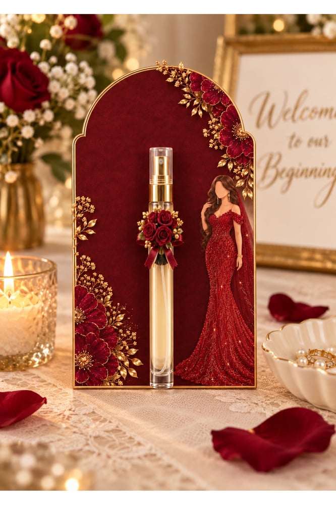 بطاقات توزيعات زفاف عنابية مع عبوات عطر – عبوة 6 قطع