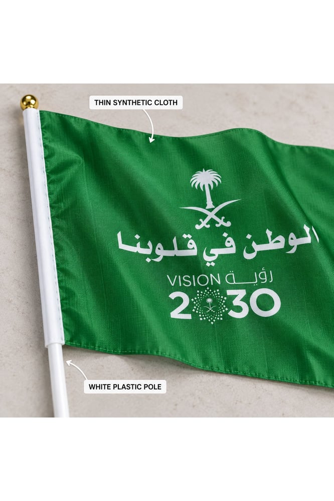 أعلام سعودية يدوية بعصي بلاستيكية بيضاء – 12 قطعة، 40 × 29 سم