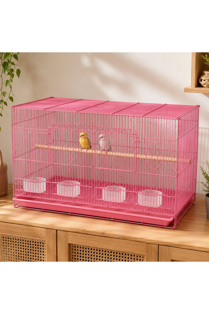 Large Pink Iron Mesh Bird Cage with Four Containers – 76 × 44.5 × 45 cm