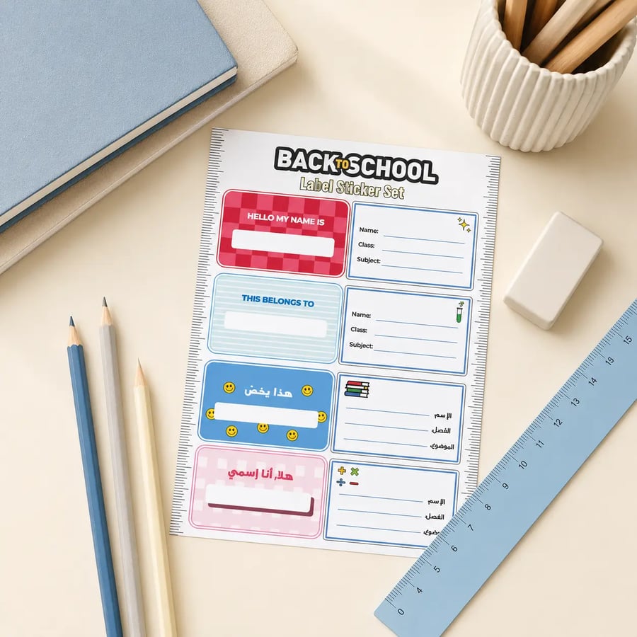 Back-to-school A4 label sticker sheet desk mockup