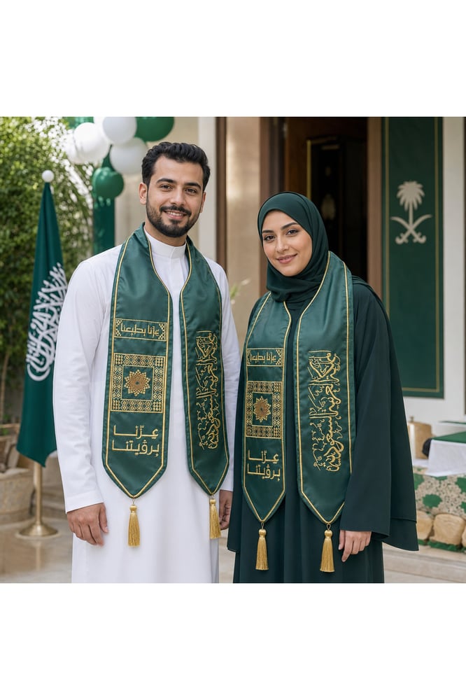 وشاح اليوم الوطني الأخضر عزنا بكرمنا – قطعة واحدة