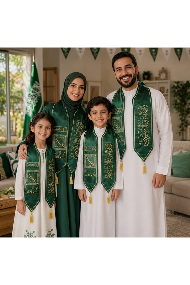 وشاح اليوم الوطني الأخضر عزنا بشجاعتنا – قطعة واحدة