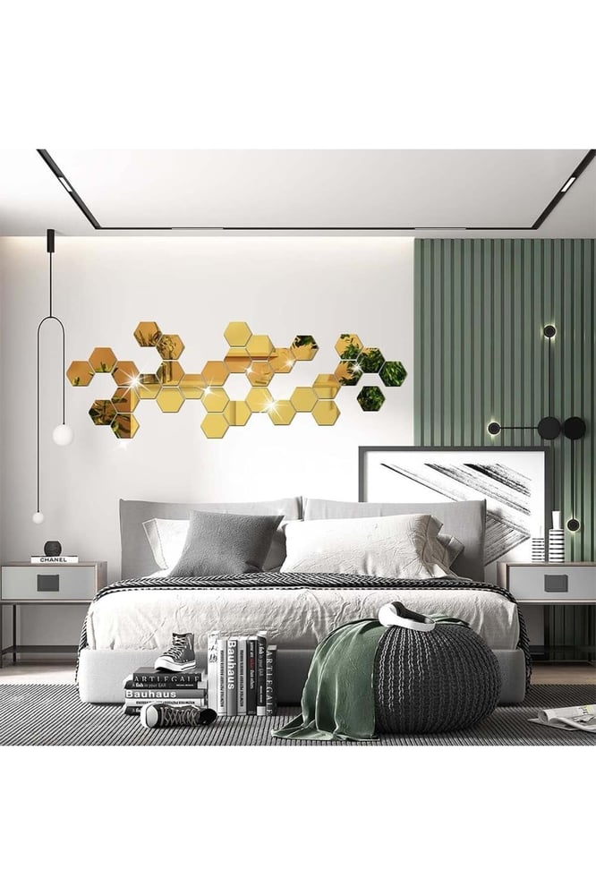 ملصقات مرايا أكريليك خلية نحل ذهبية – 12 قطعة