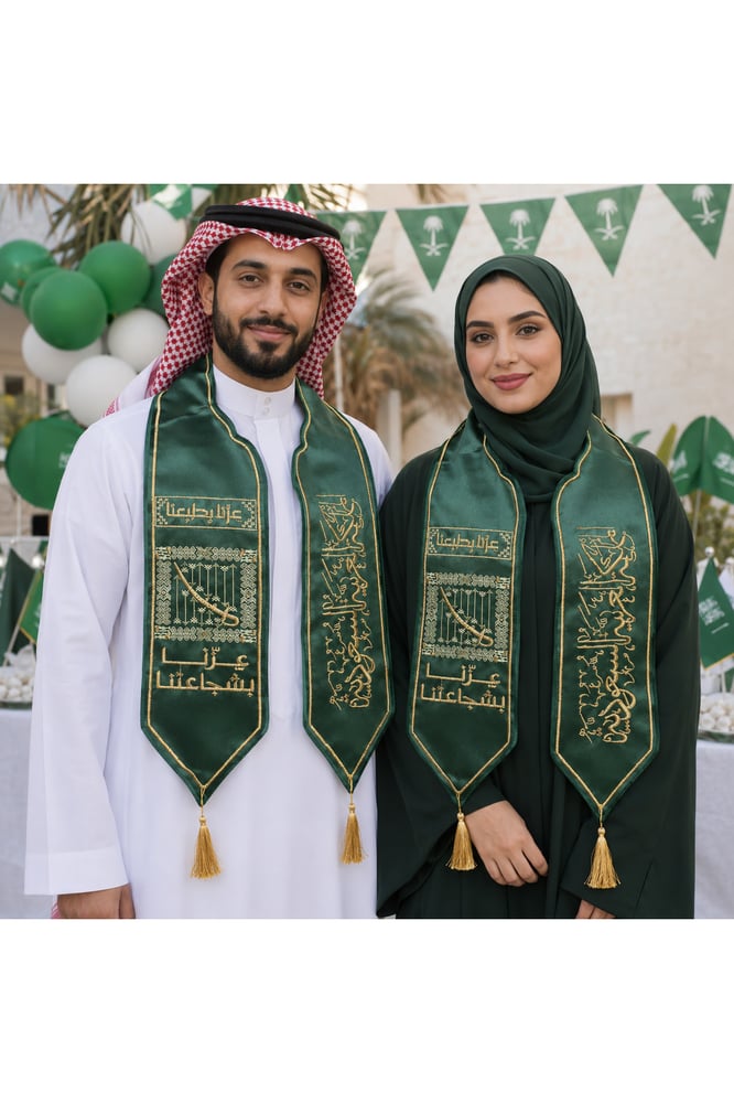 وشاح اليوم الوطني الأخضر عزنا بشجاعتنا – قطعة واحدة