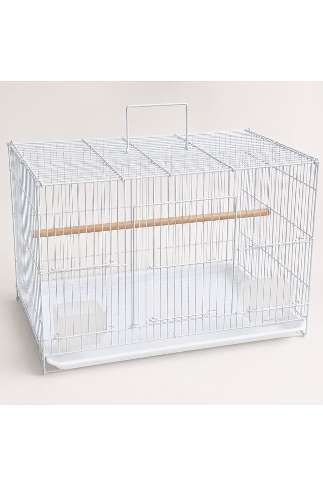 White Iron Mesh Bird Cage with Wooden Perch and Accessories – 47 × 32 × 34 cm