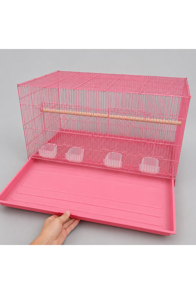 Large Pink Iron Mesh Bird Cage with Four Containers – 76 × 44.5 × 45 cm