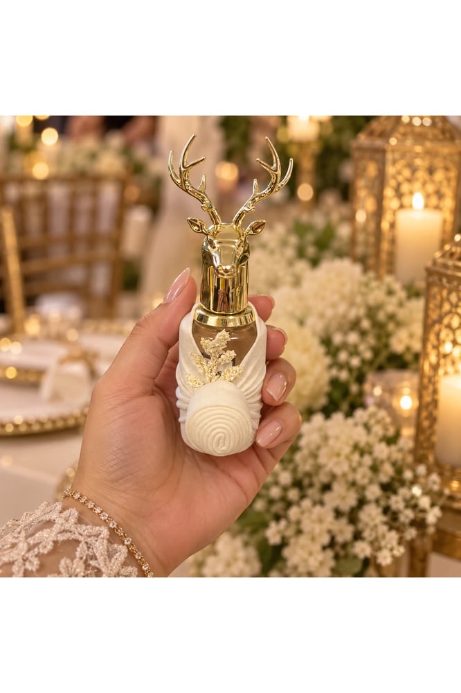 توزيعات عطر بغطاء غزال 50 مل وقماش مخصص – 12 قطعة