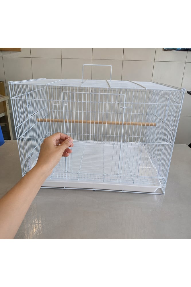 Medium White Iron Mesh Bird Cage with Wooden Perch – 59 × 42 × 40 cm