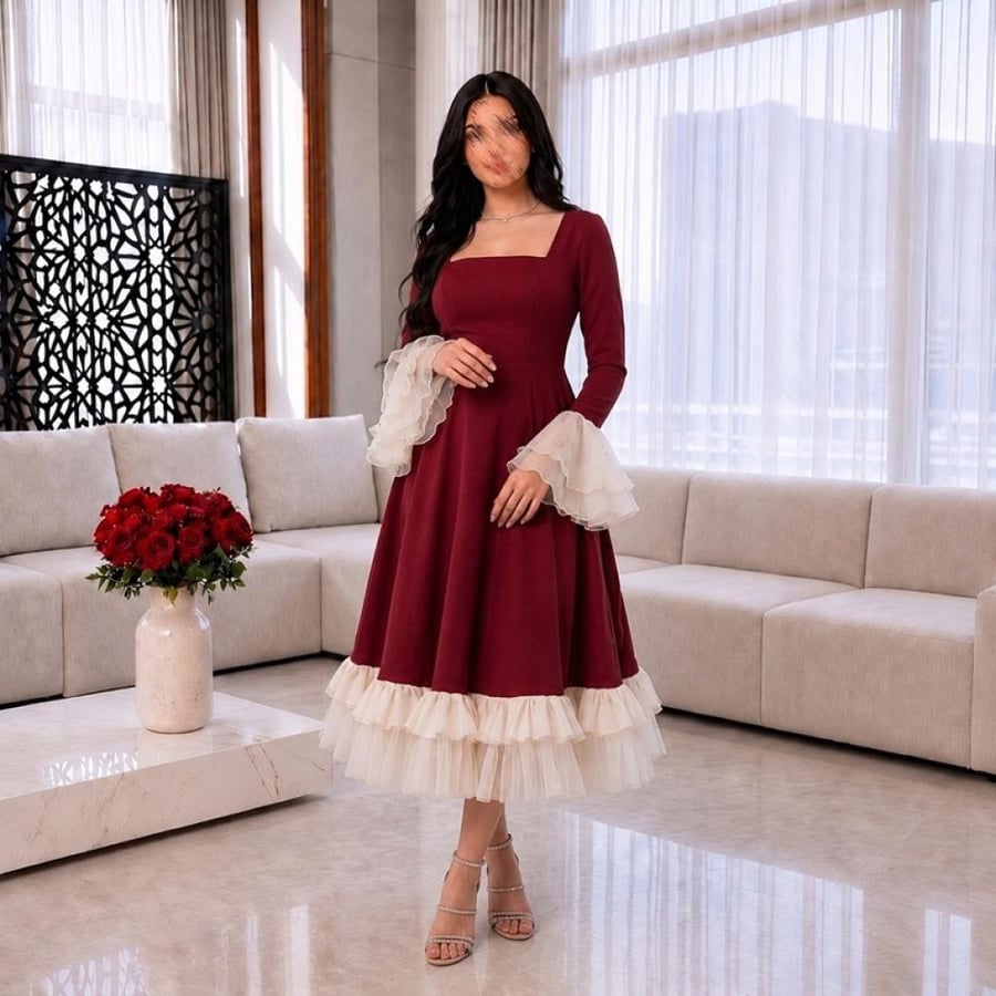 فستان ميلاف_سهرة عنابي ميدي أنيق