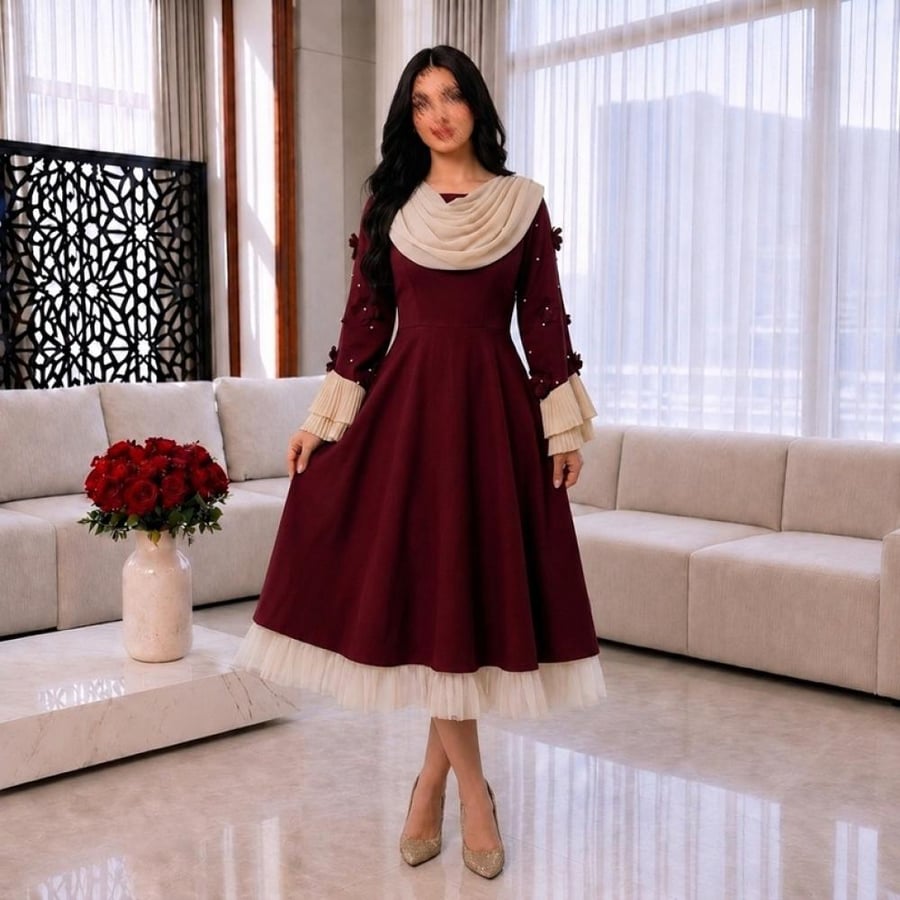فستان ريهام_سهرة عنابي بأكمام كلوش
