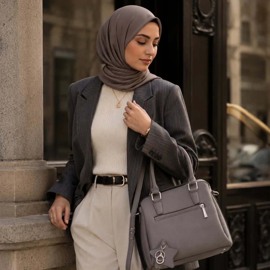 شنطة نسائية فاخرة متعددة الأقسام بتصميم عصري أنيق بهيكل ثابت وتقسيم داخلي منظم -  رصاصي