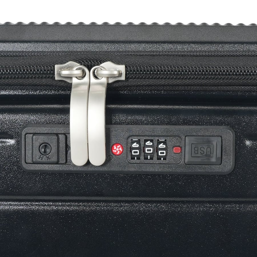 طقم حقائب سفر 3 قطع بولي كربون بتصميم أنيق يحتوي على فتحة اللاب توب امامية ومنفذ USB وحامل كوب، لون اسود
