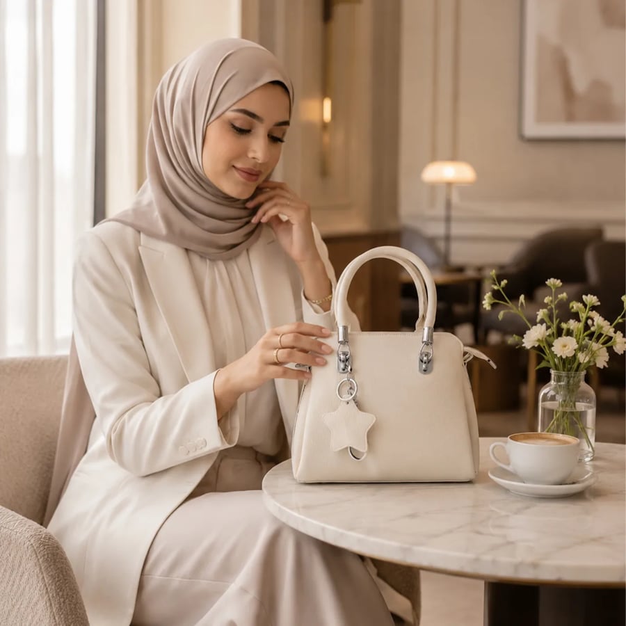شنطة نسائية فاخرة متعددة الأقسام بتصميم عصري أنيق بهيكل ثابت وتقسيم داخلي منظم - ابيض