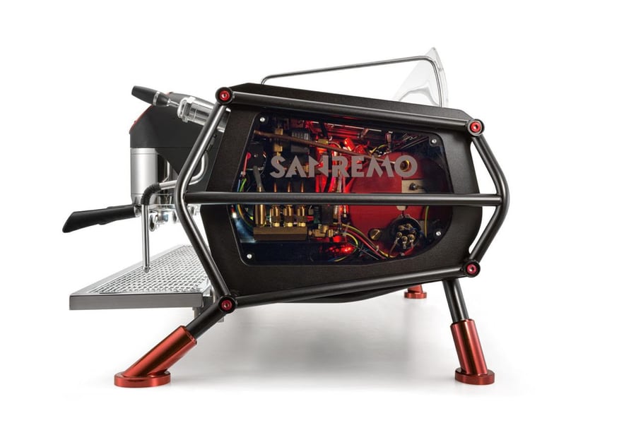 مكينة الإسبريسو التجارية الفاخرة سانريمو ريسر Sanremo Café Racer (اصدار Naked باللون الأسود والأحمر)