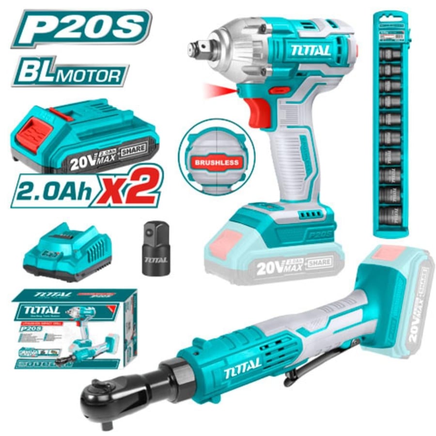 مجموعة دريل شد كفرات على بطارية مع طقم حبوب توتال TOSLI23043 total tools