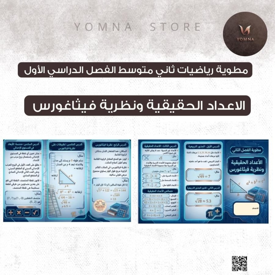 مطوية رياضيات الأعداد الحقيقية ونظرية فيثاغورس صف ثاني متوسط