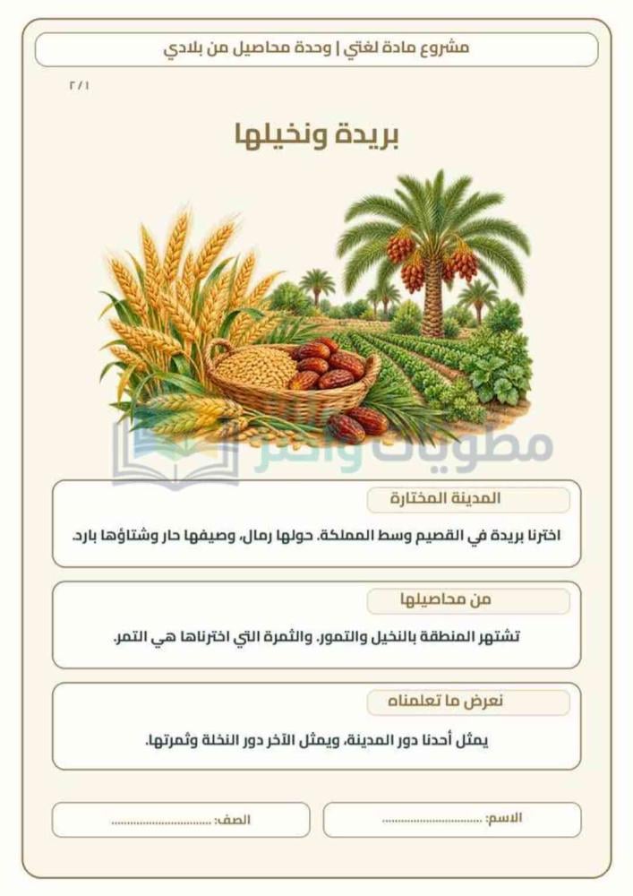 مشروع محاصيل من بلادي لغتي ثاني ابتدائي | بريدة ونخيلها PDF