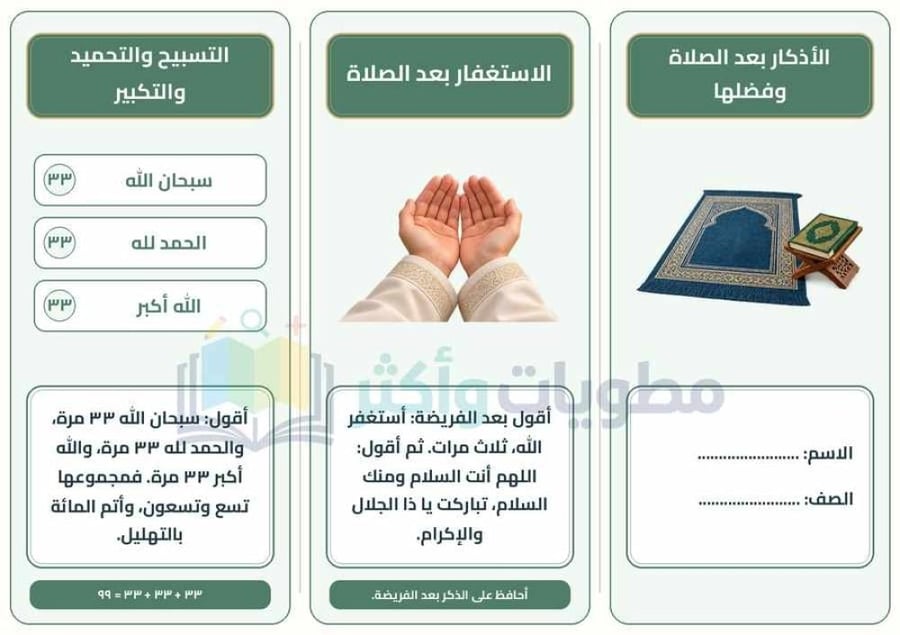 مطوية الأذكار بعد الصلاة وفضلها فقه دراسات إسلامية رابع ابتدائي PDF