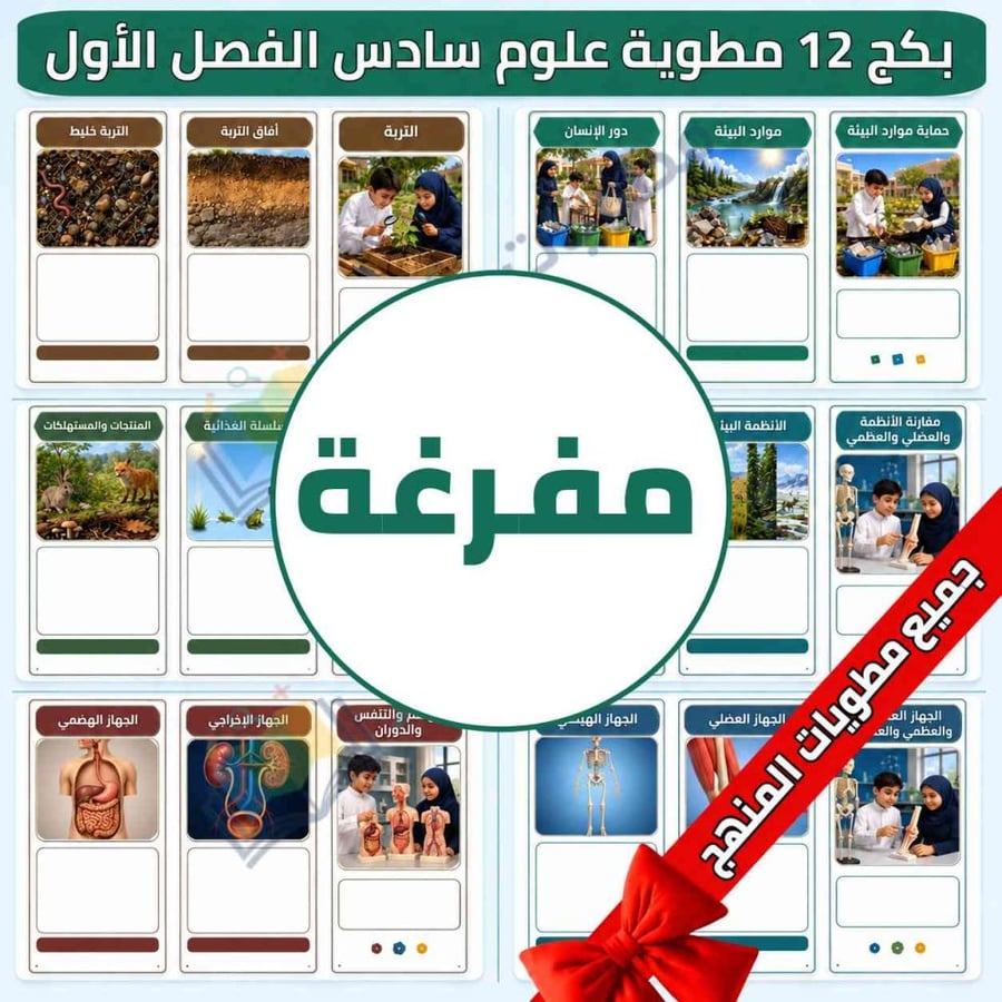 بكج 12 مطوية ( مفرغة ) علوم سادس ابتدائي لكتابة الطالب جاهزة للطباعة PDF