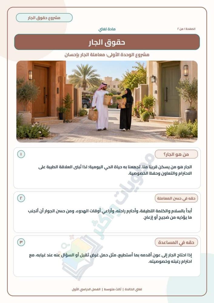 مشروع حقوق الجار لغتي ثالث متوسط | وحدة حقوق وواجبات PDF