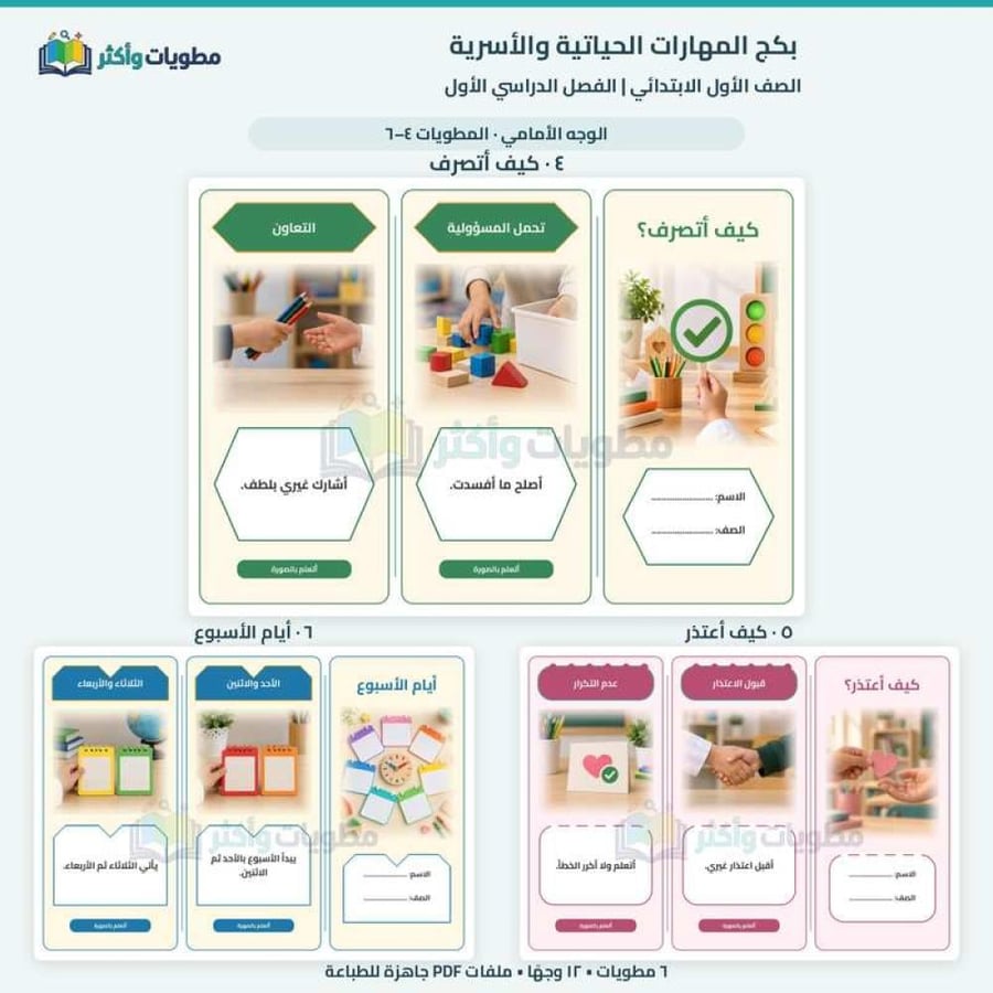 بكج مطويات المهارات الحياتية والأسرية أول ابتدائي الفصل الأول | 6 مطويات PDF