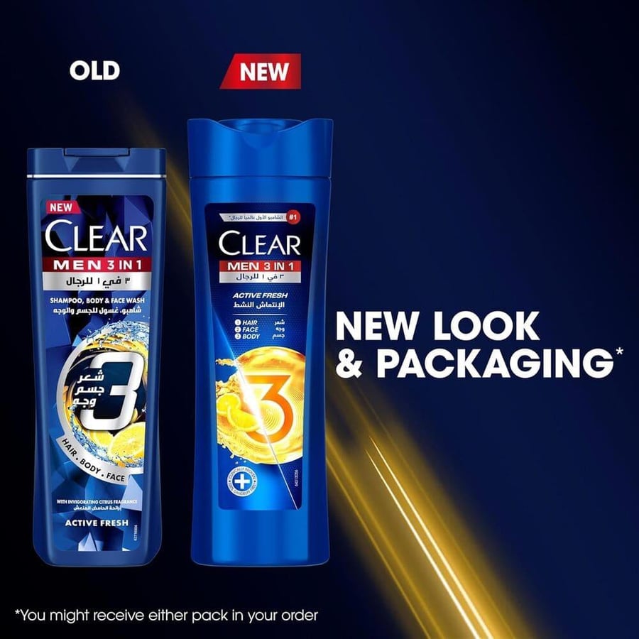 Clear hair shampoo and body and face wash 600 ml 3 in 1 for men active refreshment