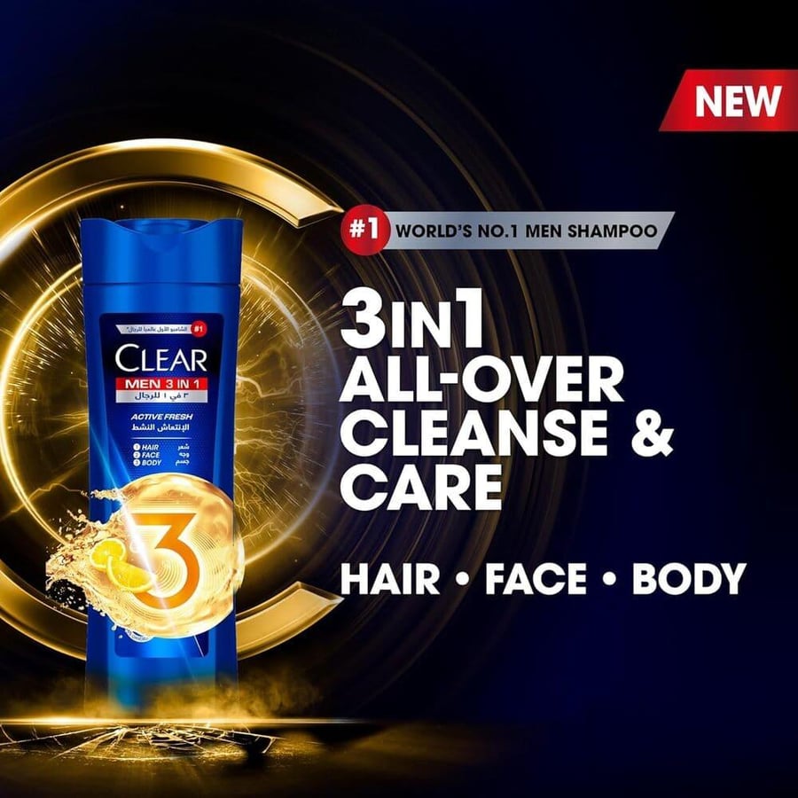 Clear hair shampoo and body and face wash 600 ml 3 in 1 for men active refreshment