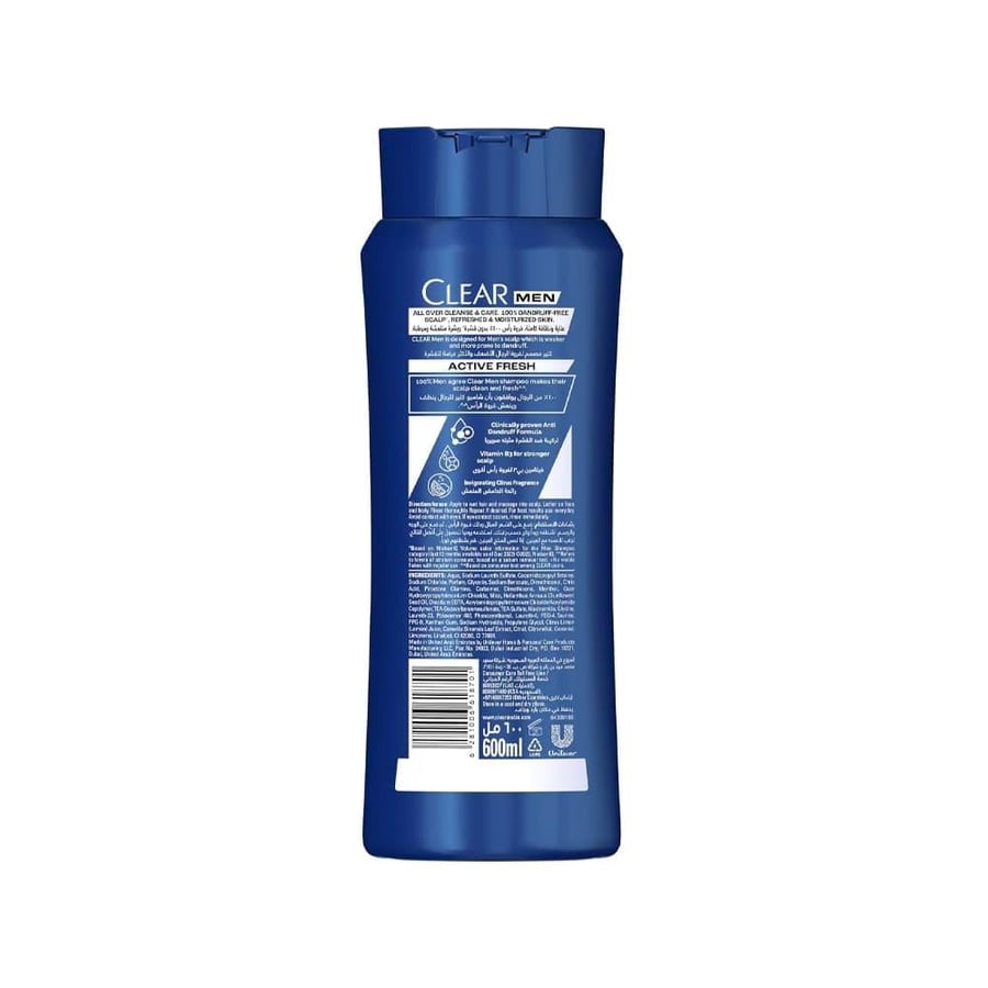 Clear hair shampoo and body and face wash 600 ml 3 in 1 for men active refreshment