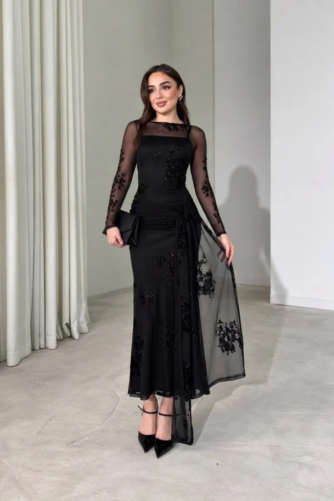 mielva فستان نسائي طويل الأكمام من التول باللون البني مع تطريز زهور لامعة وتفاصيل شفافة وحزام أمامي