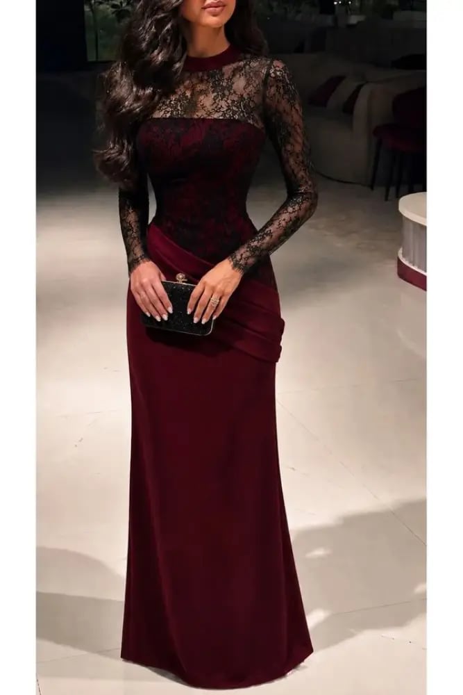 "Bamah فستان باللون البرغندي بتفاصيل دانتيل راقيه وانيقه "