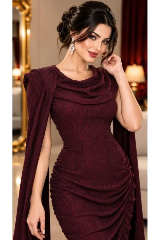 Velora Dresses فستان سهره عنابي بتصميم درابي فاخر