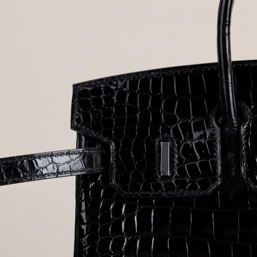 Birkin 25cm Shiny Porosus Crocodile 89 Noir PHW