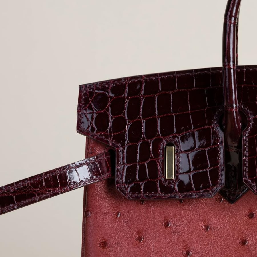 Birkin 25cm Touch Ostrich/ Niloticus Crocodile B5 Ruby/57 Bordeaux GHW