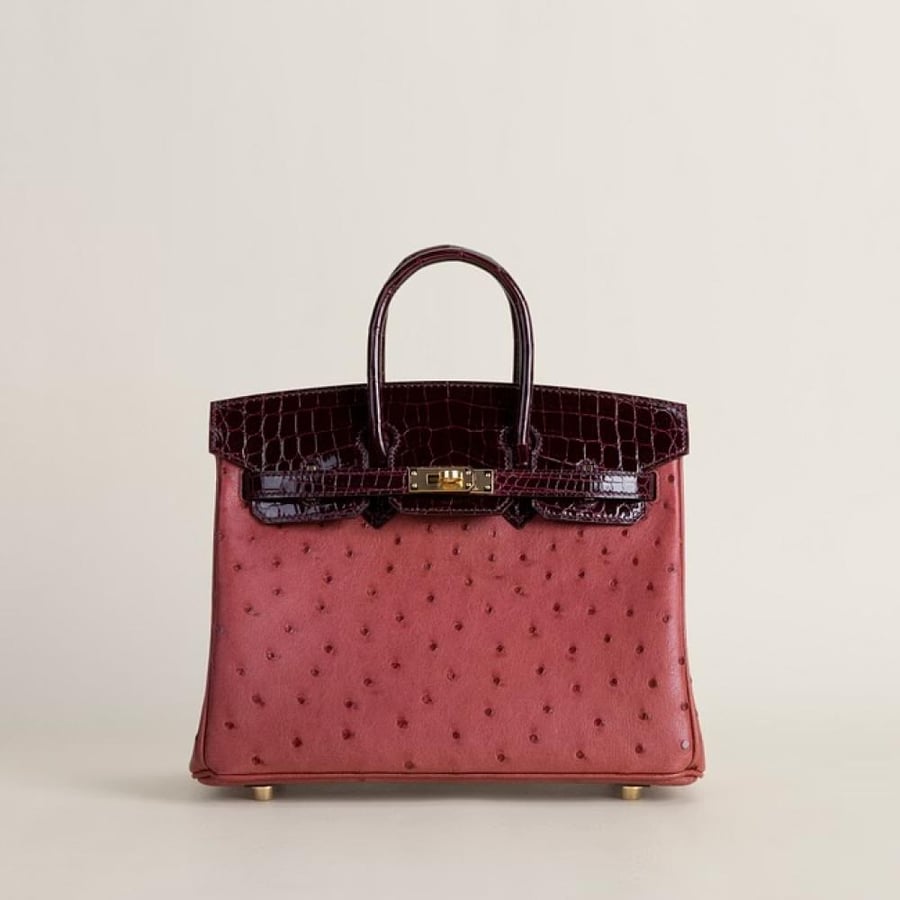 Birkin 25cm Touch Ostrich/ Niloticus Crocodile B5 Ruby/57 Bordeaux GHW