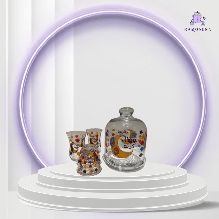 Large Ramadan basket (1) containing Ramadan calendar wooden decoration, set of coffee cups (6 pieces), set of tea glasses (6 pieces), glass date tray