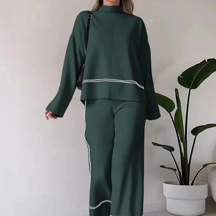 مجموعة النساء عادية الربيع الصيف موضة كم طويل س الرقبة بدلة فضفاضة الإناث Vintage جيب علوي طويل بنطال ذو قصة أرجل واسعة 2 قطعة الزي