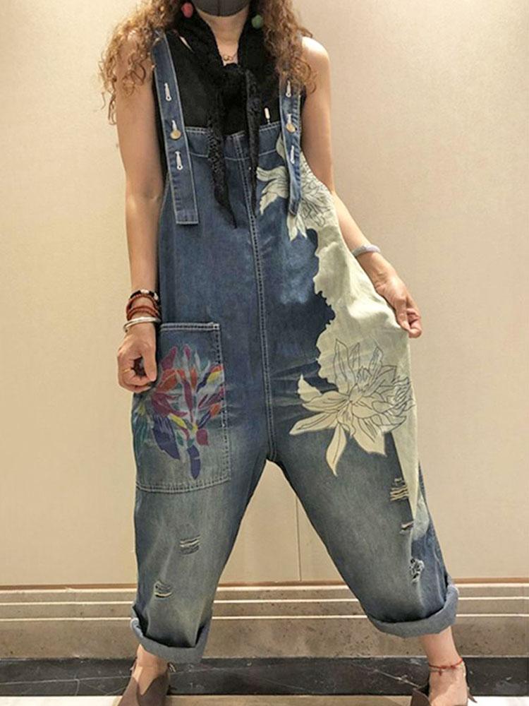 AmaxluluE 2025 أزياء الإناث وزرة السيدات الصيف المطبوعة الدينيم Pantalons خمر جينز غير رسمي المرأة فضفاض خمر بنطلون