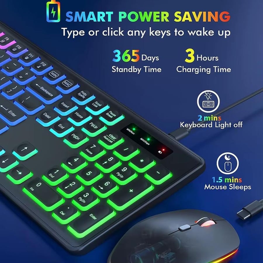 مجموعة لوحة مفاتيح وماوس لاسلكية بإضاءة خلفية RGB