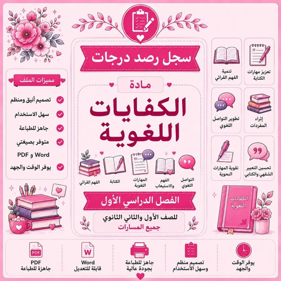 سجل رصد درجات مادة كفايات لغوية للصف الأول والثاني و الثالث الثانوي (مسار عام) – جاهز للطباعة والتعديل