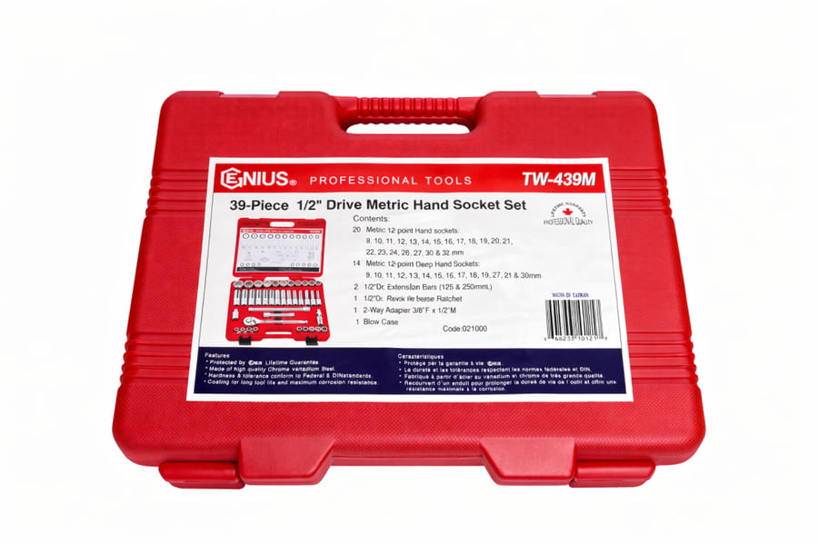 طقم عدة 39 قطعة من “جينياس” (Genius Tools) بقياس 1/2 بوصة.