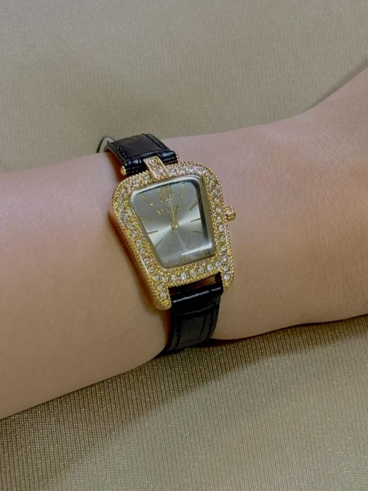 Prosha watch, gold, black leather