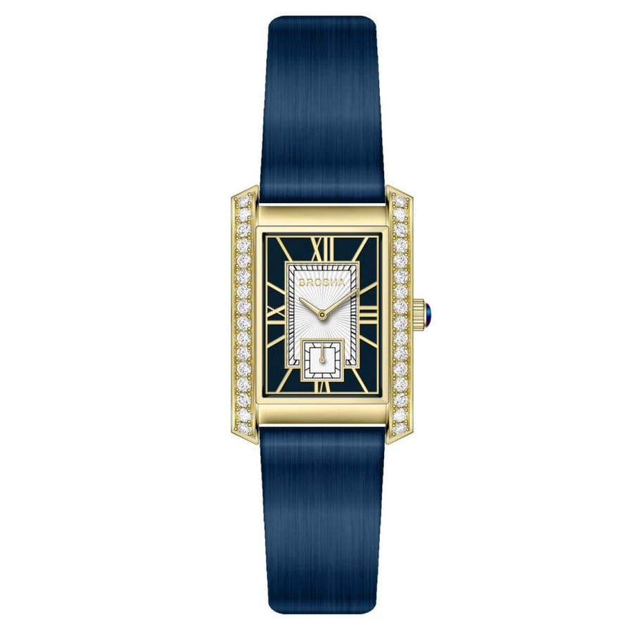 Women's watch, Brosha, leather, navy, zircon stones