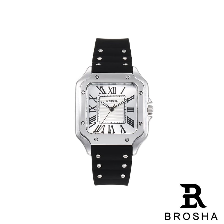 BROSHA men's watch black rubber white dial