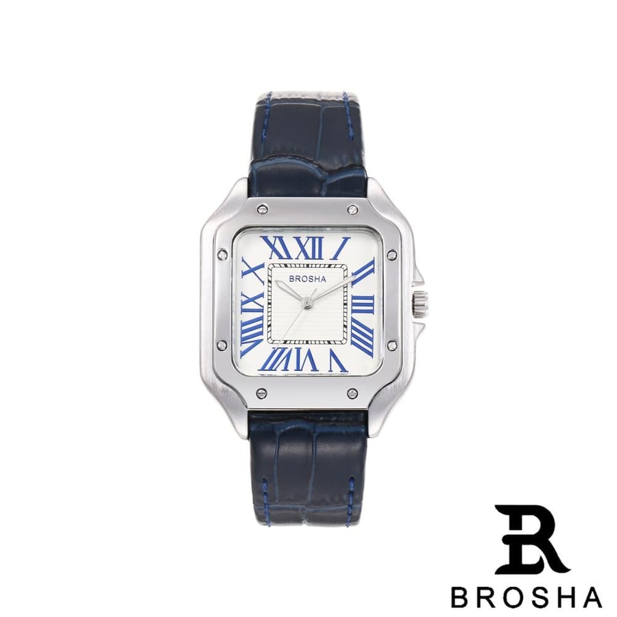 BROSHA men's watch leather navy white dial